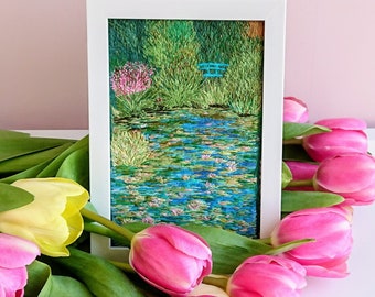 Framed Hand Embroidery Water Lilies and Japanese Footbridge Inspired by Claude Monet. Gallery Wall Thread Painting Art. Artist Gift for Her