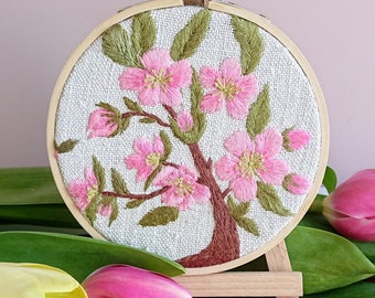 Hand Embroidery Cherry Blossom. Sakura Branch with Pink Flowers. Asian Wall Art. Japanese Oriental Room Decoration. Small Baby Gift Idea