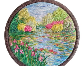 Thread Painting Inspired by Claude Monet. Hand Embroidery. Pastoral Landscape with Water Lilies and Japanese Bridge. Gift for Mom