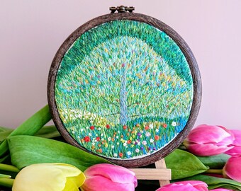 Hand Embroidered Art Inspired by Gustav Klimt Landscapes. Art Nouveau Embroidery Paysages. Modern Stitching. Gift for Secession Art Lover.