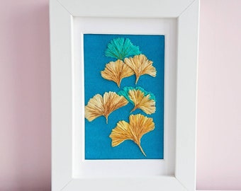 Framed Embroidery Art Ginkgo Biloba Tree Leaves.  Wall hygge decor.  Gift for women.