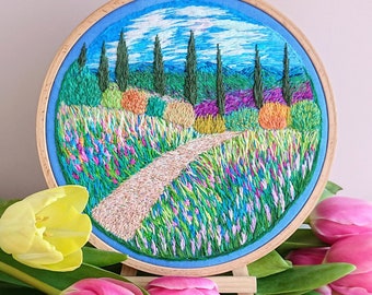 Hand Embroidery Pastoral Landscape with Path. Wall Art Mediterranean Scene. Embroidered Decor Cypress and Lavender. Romantic Travel Gift