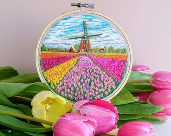 Dutch landscape Tulip Fields & Windmill home decor | Travel lover Dutch gift | Hand embroidery Art | Spring Netherlands | Floral wall art