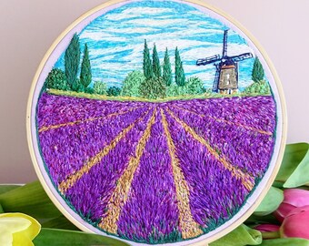 Hand Embroidery Art Lavender Fields. Provence Windmill Scene. French Landscape. Country Chic Cottagecore Decor. Romantic Gift for Her