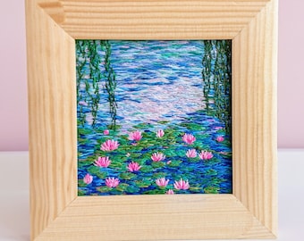 Thread Painting Water Lilies Inspired by Claude Monet Art. Any Occasion Gift for Myself. Framed Impressionistic Hand Embroidery.