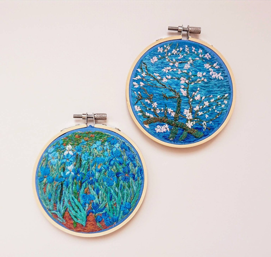 Irises by Van Gogh. Hand embroidery for home art gallery. Blue Etsy