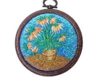 Van Gogh inspired hand embroidery for home art gallery. Collectible Hoop Art Flowers. Art Admirer Gift. Flowers in a vase wall art