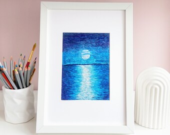 Thread Painting Night Seascape. Nature Lovers Gift. Ocean Cottage Home Decor. Romantic Gift for Bedroom Decoration. Moon Inspired Art.
