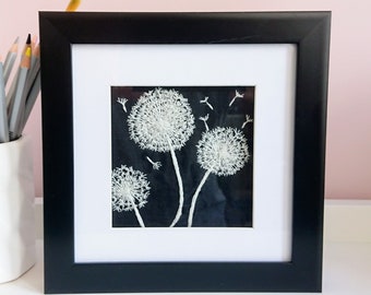 Black And White Minimalist Hand Embroidery Dandelion Whishes. Monochrome Framed Wall Art Dandelion Seeds for Home Gallery. Houswarming gift