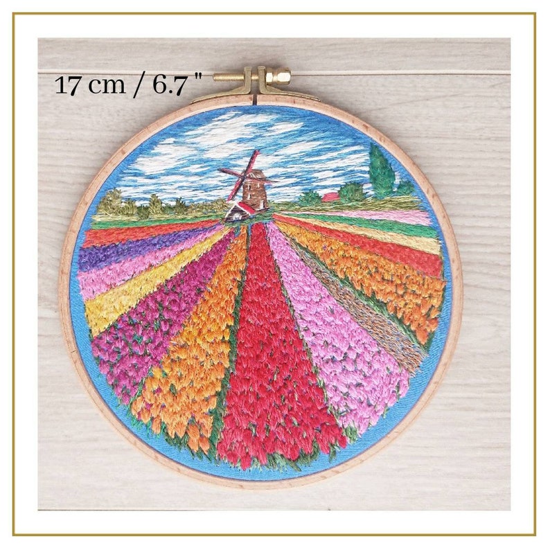 Hand embroidery landscape. Tulip fields in Holland. Spring Etsy