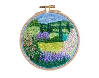 Hand Embroidered Hoop Art Provence Landscape. Wall Art Mediterranean Scene with Cypress and Lavender Fields. Gift for Her. Home decor.