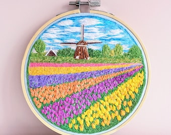 Hand embroidery Landscape with Tulip Fields and Windmill. Dutch Spring Scenery. Travel Gift The Netherlands. Art Keukenhof park in Holland.