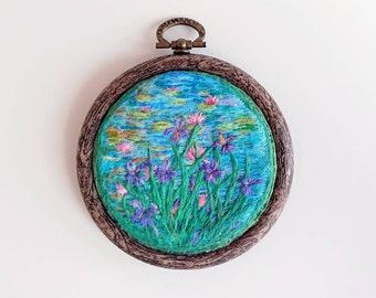 Irises and Water Lilies. Impressionistic embroidery inspired by Claude Monet art. Thread painting flowers landscape. Gift for Her. Wall art