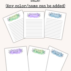May include: Six blank notepad pages with a watercolour design and the text "From the desk of" at the top. The notepads are in different colours, including green, purple, blue, and light green.