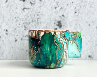 FANCY mug green and turquoise  and gold hostess gift gold abstract porcelain handpainted for coffee or latte chocolate tea