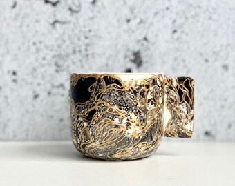 FANCY mug black copper and  gold hostess gift gold abstract porcelain handpainted for coffee or latte chocolate tea
