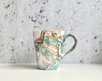ELLA 101119  handpainted porcelain turquoise and green and copper  mug gift christmas latte coffee unique design porcelain art