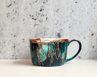 FIERCE 101147 soup bowl bleu turquoise aqua big mug christmas latte coffee unique design porcelain art huge mug abstract art fluidart