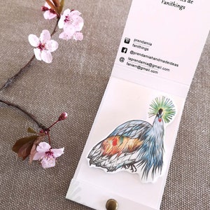 Artistic illustrated brooch of a crowned crane, large colorful and lightweight pin to wear on a jacket, perfect gift for bird enthusiasts