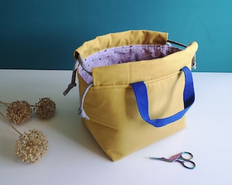 Project bag, bag for knitters, knitting bag, bucket bag, organizer basket, big toiletry bag, drawstring project bag, large toiletry bag