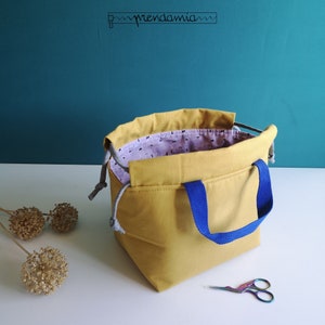 Project bag, bag for knitters, knitting bag, bucket bag, organizer basket, big toiletry bag, drawstring project bag, large toiletry bag