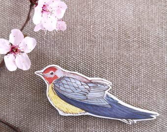 Broche oiseau, broche illustrée, broche bleue, broche oiseau, oiseau tête rouge, oiseau bleu, jolie broche