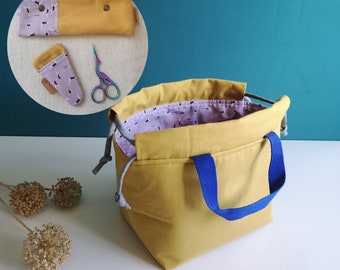 Project bag, bag for knitters, knitting bag, bucket bag, organizer basket, big toiletry bag, drawstring project bag, large toiletry bag