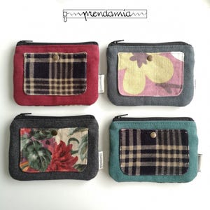 Monedero de tela con dos cremalleras y tarjetero, pequeña cartera vintage hecha a mano con retales, diseño único, regalo para hermana.