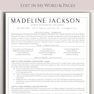 May include: A black and white resume template with the title "Madeline Jackson" and the heading "Human Resources Executive". The resume includes contact information, a professional summary, core competencies, and employment experience.
