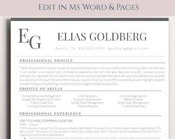 May include: A black and white resume template with the text "EDIT IN MS WORD & PAGES" at the top. The resume is for Elias Goldberg, and includes a professional profile, skills, and experience sections.