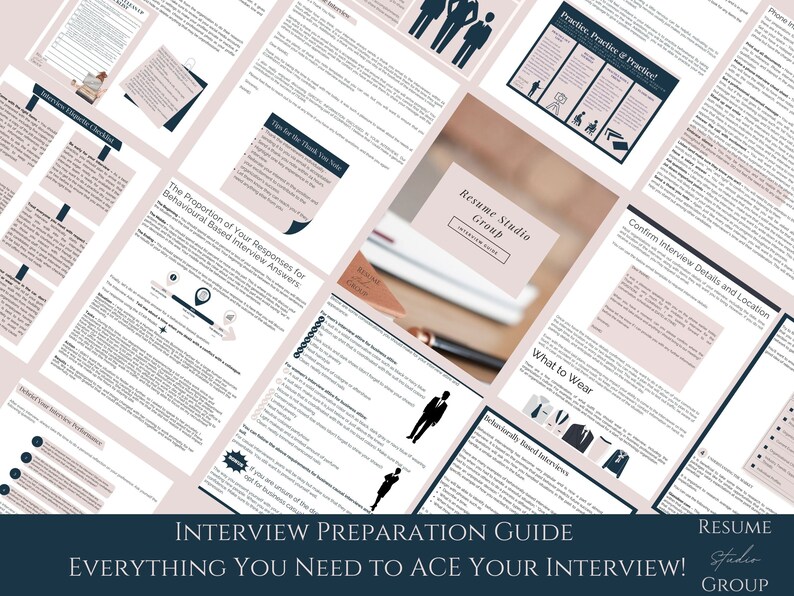 K&ouml;nnte beinhalten: Ein Leitfaden zur Vorbereitung auf Vorstellungsgespr&auml;che mit dem Text "Interview Preparation Guide" und "Everything You Need to Ace Your Interview!" in einem rosa-blauen Farbschema. Der Leitfaden enth&auml;lt Tipps zur Kleidung, zur Vorbereitung auf verhaltensbasierte Interviews und zur Best&auml;tigung der Interviewdetails.