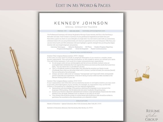 Teacher Resume Template: Professional CV Design (MS Word, Instant Download)