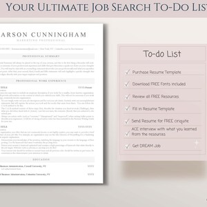 May include: A pink and white to-do list for job seekers. The list includes steps like purchasing a resume template, downloading free fonts, reviewing free resources, filling in the resume template, sending the resume for free critique, acing the interview with what you learned from the resources, and getting your dream job.