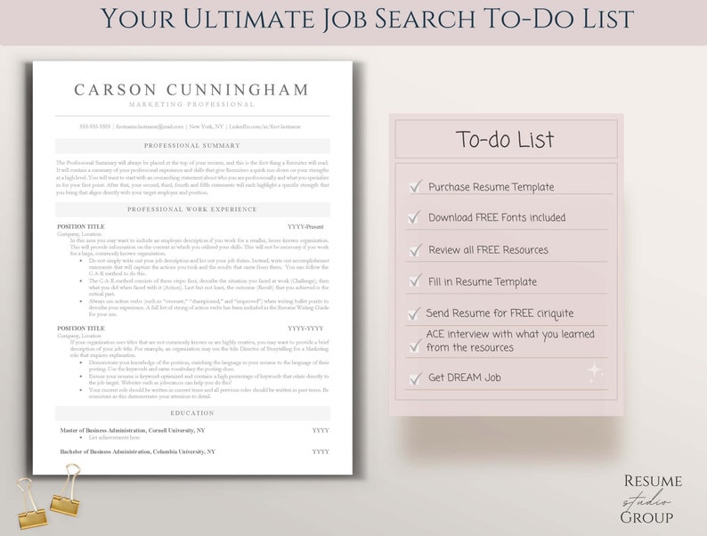 May include: A pink and white to-do list for job seekers. The list includes steps like purchasing a resume template, downloading free fonts, reviewing free resources, filling in the resume template, sending the resume for free critique, acing the interview with what you learned from the resources, and getting your dream job.