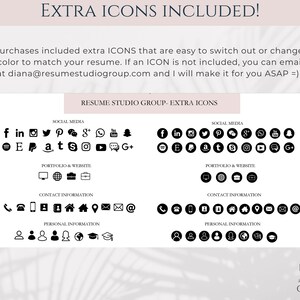 May include: A black and white image showing a variety of social media, portfolio, contact, and personal information icons. The icons are arranged in four rows, with each row labeled with a category. The text "RESUME STUDIO GROUP - EXTRA ICONS" is at the top of the image.