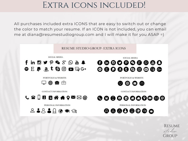 May include: A black and white image showing a variety of social media, portfolio, contact, and personal information icons. The icons are arranged in four rows, with each row labeled with a category. The text "RESUME STUDIO GROUP - EXTRA ICONS" is at the top of the image.