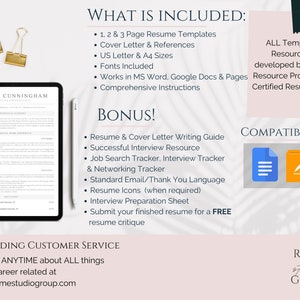May include: A digital download for a resume template package. The package includes 1, 2, and 3 page resume templates, cover letter and references, US letter and A4 sizes, fonts, and comprehensive instructions. The package is compatible with Microsoft Word, Google Docs, and Pages. The package also includes a resume and cover letter writing guide, successful interview resource, job search tracker, interview tracker, networking tracker, standard email and thank you language, resume icons, interview preparation sheet, and a free resume critique.
