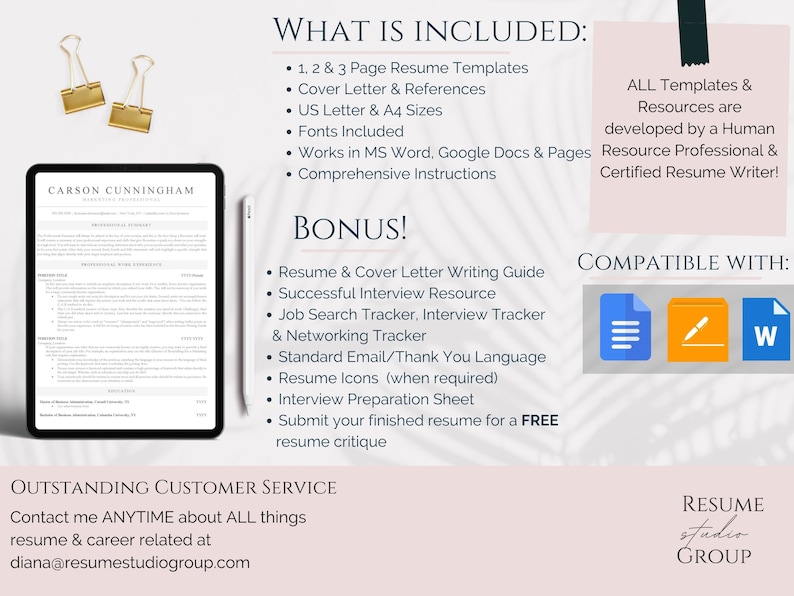 May include: A digital download for a resume template package. The package includes 1, 2, and 3 page resume templates, cover letter and references, US letter and A4 sizes, fonts, and comprehensive instructions. The package is compatible with Microsoft Word, Google Docs, and Pages. The package also includes a resume and cover letter writing guide, successful interview resource, job search tracker, interview tracker, networking tracker, standard email and thank you language, resume icons, interview preparation sheet, and a free resume critique.