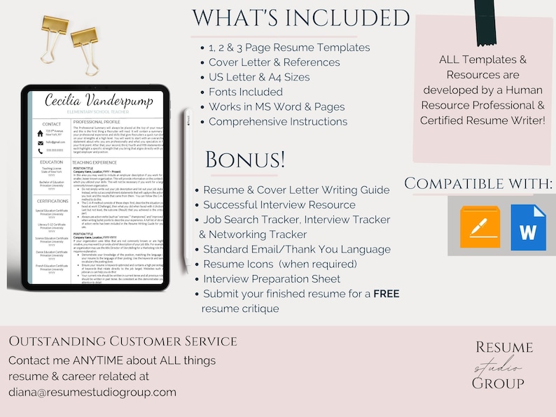 K&ouml;nnte beinhalten: Ein rosa-wei&szlig;er digitaler Marketing-Flyer f&uuml;r einen Lebenslauf-Schreibservice. Der Flyer zeigt eine Lebenslaufvorlage auf einem Tablet, eine Liste von Dienstleistungen und den Text "Was ist enthalten", "Bonus!" und "Hervorragender Kundenservice".