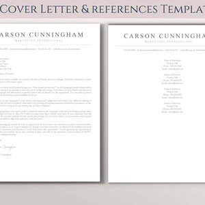 May include: A black and white cover letter and references template with the name Carson Cunningham and the title Marketing Professional. The template includes a section for the date, name of contact, position title, company name, street address, city, state, zip code, and dear name of contact. The cover letter template also includes a section for a signature and the name Carson Cunningham.