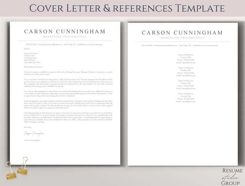 May include: A black and white cover letter and references template with the name Carson Cunningham and the title Marketing Professional. The template includes a section for the date, name of contact, position title, company name, street address, city, state, zip code, and dear name of contact. The cover letter template also includes a section for a signature and the name Carson Cunningham.