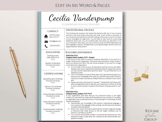 Professional Resume Template for Word: Cover Letter, CV (Instant Download)