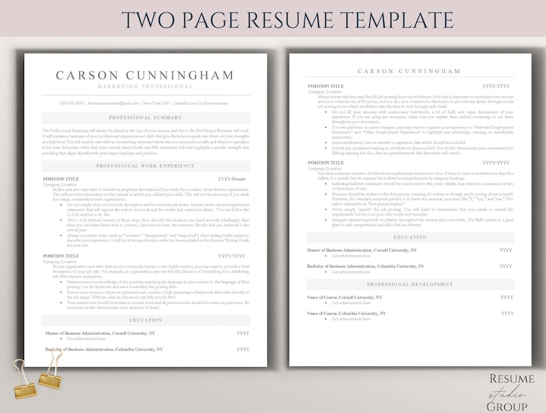 May include: A two-page resume template with a professional design. The template includes sections for professional summary, work experience, education, and professional development. The template is designed to help job seekers create a visually appealing and informative resume.