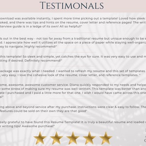 May include: Testimonials from customers about a resume template. The text highlights the ease of use, sleek design, and helpful tips included in the template. The image also includes a logo for Resume Studio Group.