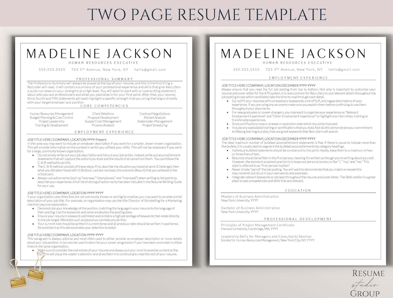 May include: A two-page resume template with a gold and black color scheme. The template is designed for a human resources executive and includes sections for professional summary, core competencies, employment experience, education, and professional development.