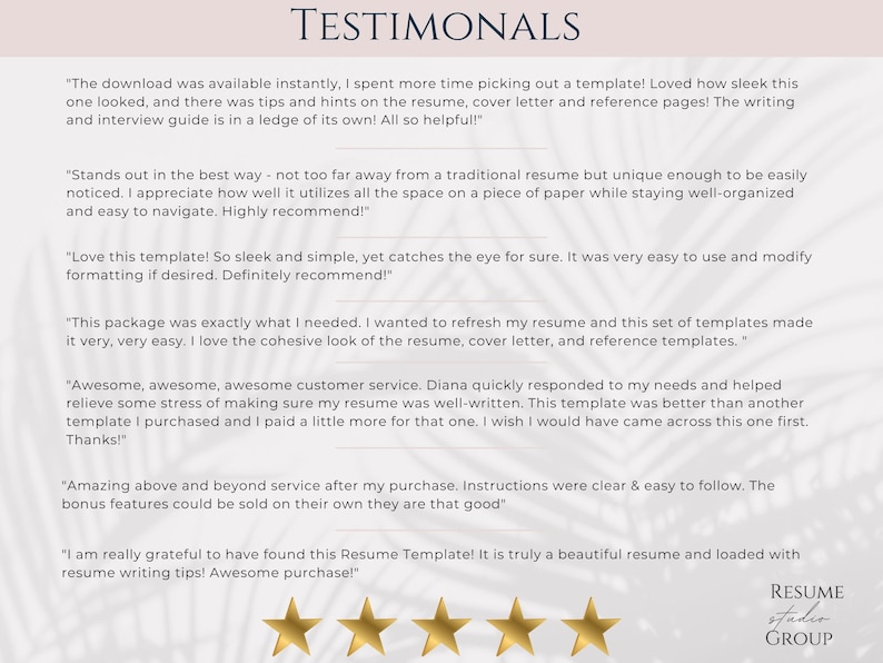 K&ouml;nnte beinhalten: Testimonials von Kunden &uuml;ber eine Lebenslaufvorlage. Der Text hebt die Benutzerfreundlichkeit, das elegante Design und die hilfreichen Tipps hervor, die in der Vorlage enthalten sind. Das Bild enth&auml;lt auch ein Logo f&uuml;r "Resume Studio Group".