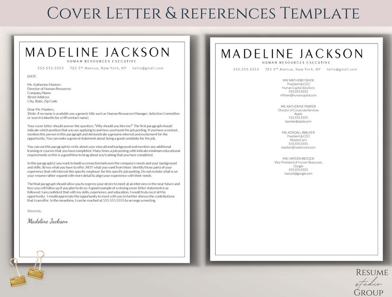 May include: A cover letter and references template for a human resources executive. The template includes a sample cover letter and a list of references with contact information.