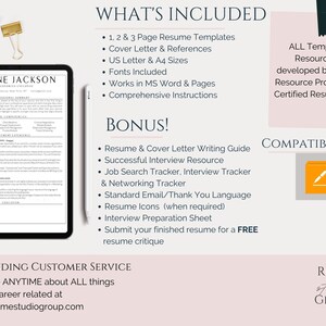 May include: A pink and white graphic with the text "WHAT'S INCLUDED" and a list of resume templates, cover letter templates, and other resources. The text "BONUS!" is also included with a list of additional resources. The text "COMPATIBLE WITH" is included with icons for Microsoft Word and Google Docs. The text "OUTSTANDING CUSTOMER SERVICE" is included with a contact email address. The text "RESUME studio GROUP" is included at the bottom of the graphic.
