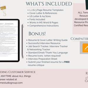 以下が含まれることがあります： 「WHAT'S INCLUDED」と「BONUS!」というテキストが書かれたピンクと白のグラフィックには、履歴書テンプレートパッケージの機能がリストされています。パッケージには、1、2、3ページの履歴書テンプレート、カバーレターと推薦状、USレターとA4サイズ、フォントが含まれています。MS WordとPagesで動作し、包括的な手順、履歴書とカバーレターの書き方ガイド、面接成功のためのリソース、求人検索トラッカー、面接トラッカー、ネットワークトラッカー、標準的なメール/感謝の言葉、履歴書アイコン、面接準備シート、完成した履歴書を無料の履歴書批評のために提出することができます。グラフィックには、「ALL Templates & Resources are developed by a Human Resource Professional & Certified Resume Writer!」と「COMPATIBLE WITH:」というテキストも含まれており、Microsoft Wordと鉛筆のアイコンが表示されています。グラフィックには、「OUTSTANDING CUSTOMER SERVICE Contact me ANYTIME about ALL things resume & career related at diana@resumestudiogroup.com」と「RESUME studio GROUP」というテキストも含まれています。