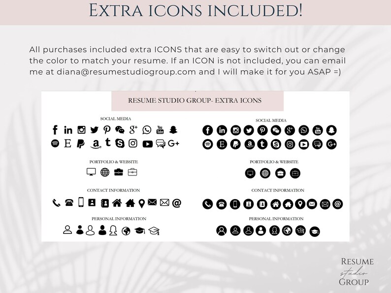 K&ouml;nnte beinhalten: Ein Schwarzwei&szlig;bild, das eine Vielzahl von Social-Media-, Portfolio-, Kontakt- und pers&ouml;nlichen Informations-Icons zeigt. Die Icons sind in vier Reihen angeordnet, wobei jede Reihe mit einer Kategorie beschriftet ist. Der Text "RESUME STUDIO GROUP - EXTRA ICONS" befindet sich oben im Bild.